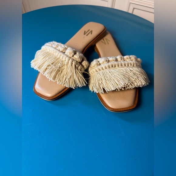 Leather Cream and Tan Bohemian Fringe Sandals - Picture 1 of 5